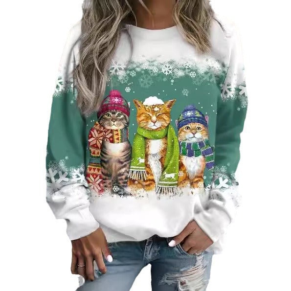 Women's Christmas Snowman And Cat Printed Long Sleeve Loose-fitting T-shirt