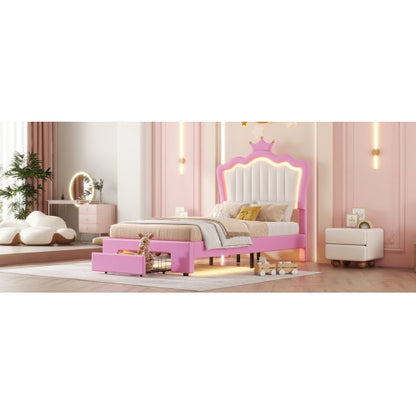 Twin Size Upholstered Bed Frame With LED Lights - Modern Princess Bed - DreamFurniture