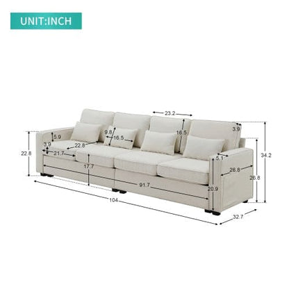 Modern Linen With Armrest Pockets And 4 Pillows,Minimalist Style Couch For Living Room,