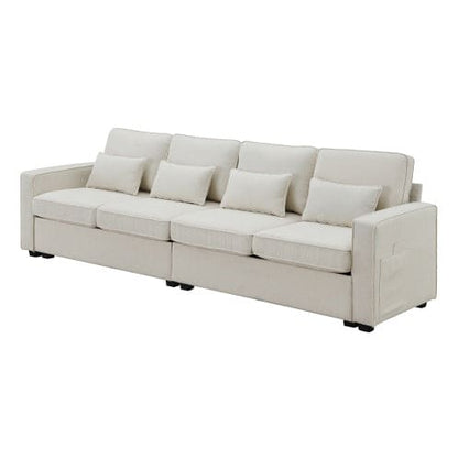 Modern Linen With Armrest Pockets And 4 Pillows,Minimalist Style Couch For Living Room,