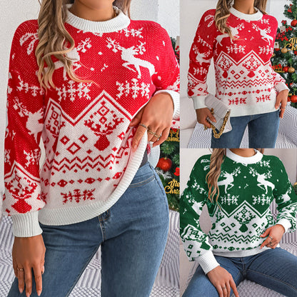 2025 New Year Autumn Winter Casual Deer Pattern Long Sleeve Hoodie Sweater Christmas For Women Red Green Knitted Pullover Jumper - GimmeWarehouse