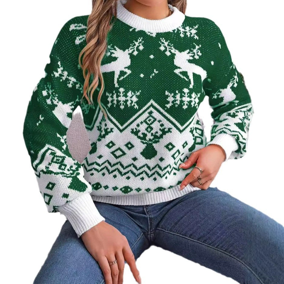 2025 New Year Autumn Winter Casual Deer Pattern Long Sleeve Hoodie Sweater Christmas For Women Red Green Knitted Pullover Jumper - GimmeWarehouse