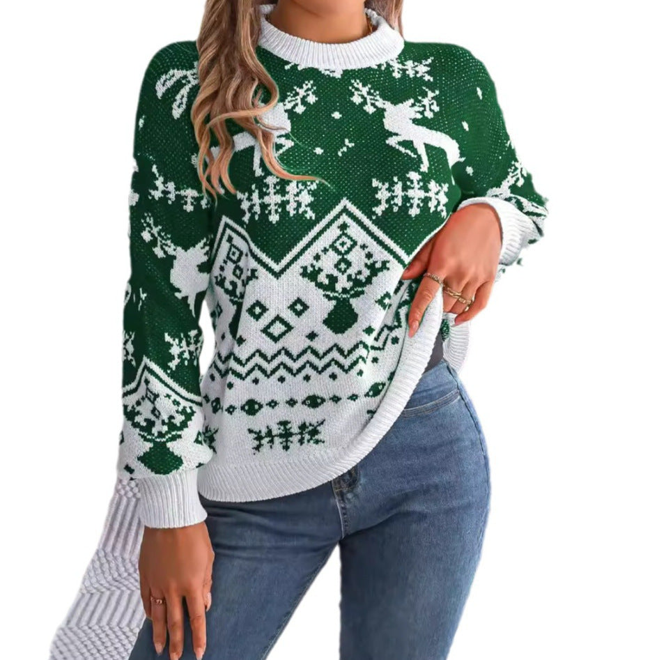 2025 New Year Autumn Winter Casual Deer Pattern Long Sleeve Hoodie Sweater Christmas For Women Red Green Knitted Pullover Jumper - GimmeWarehouse