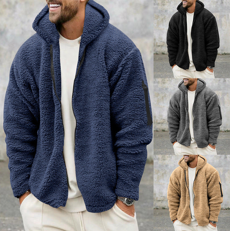 Plush Hooded Men's Fleece Double-sided  Warm Coat