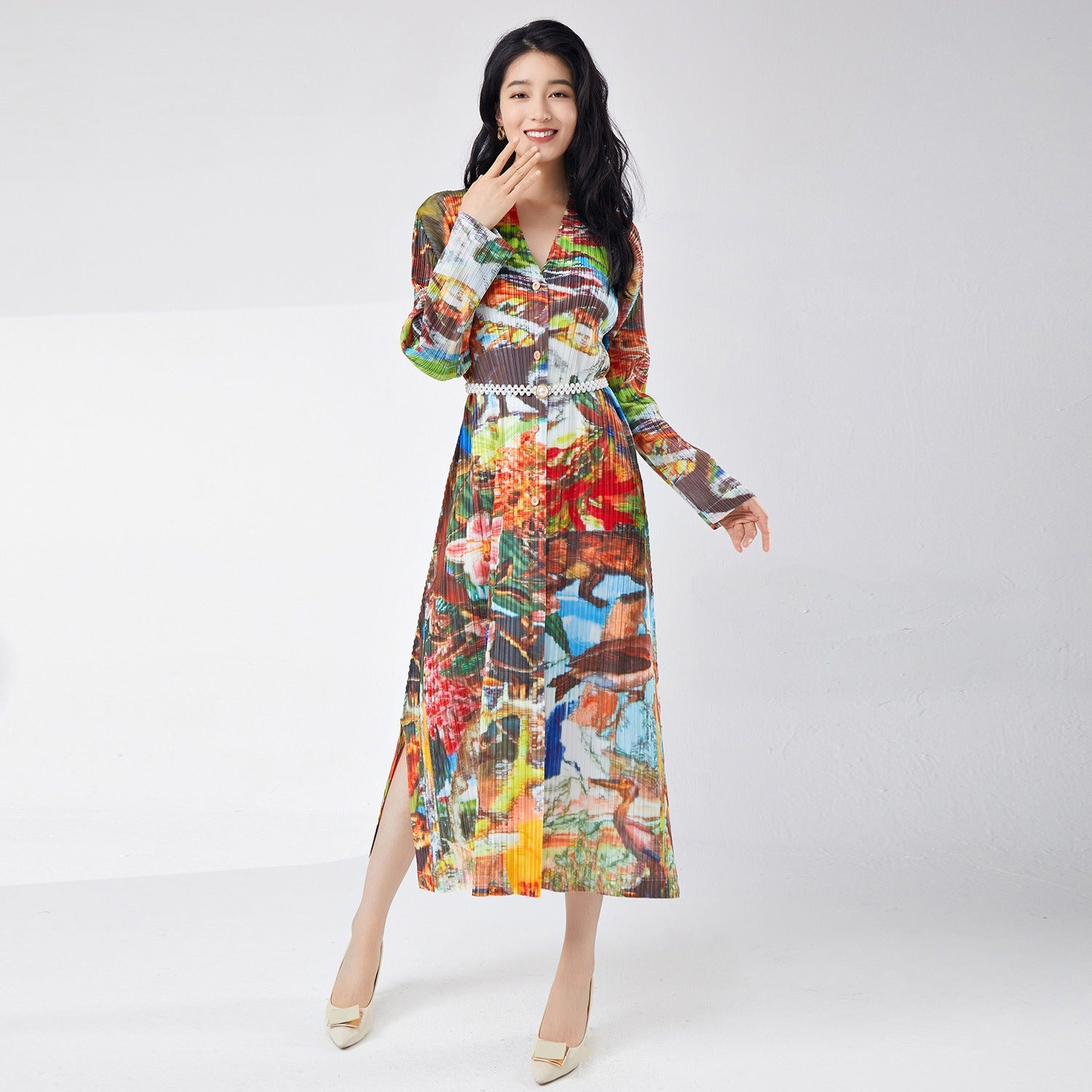 Spring women's printed single breasted slit dress with fashionable temperament cardigan medium length skirt eprolo