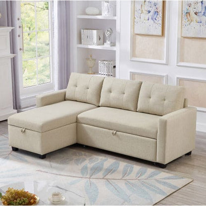 Pull-out Sofa With Storage Chaise Longue, Convertible Corner Sofa, Beige