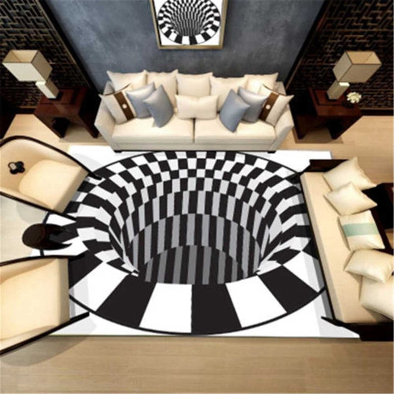 3D Vortex Carpet Black White Grid Bottomless Hole Illusion Rug Living Room Bedroom Anti-Slip Floor Mats Home Fashion Carpet Rugs - GimmeWarehouse