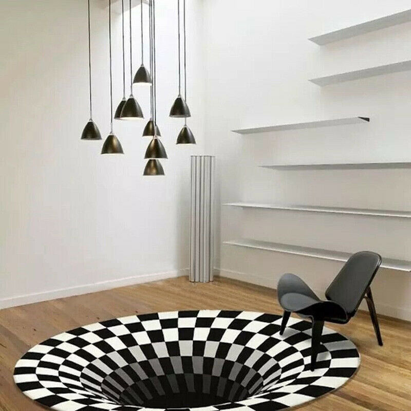 3D Vortex Carpet Black White Grid Bottomless Hole Illusion Rug Living Room Bedroom Anti-Slip Floor Mats Home Fashion Carpet Rugs - GimmeWarehouse