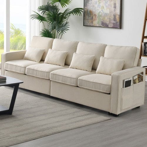 Modern Linen With Armrest Pockets And 4 Pillows,Minimalist Style Couch For Living Room,