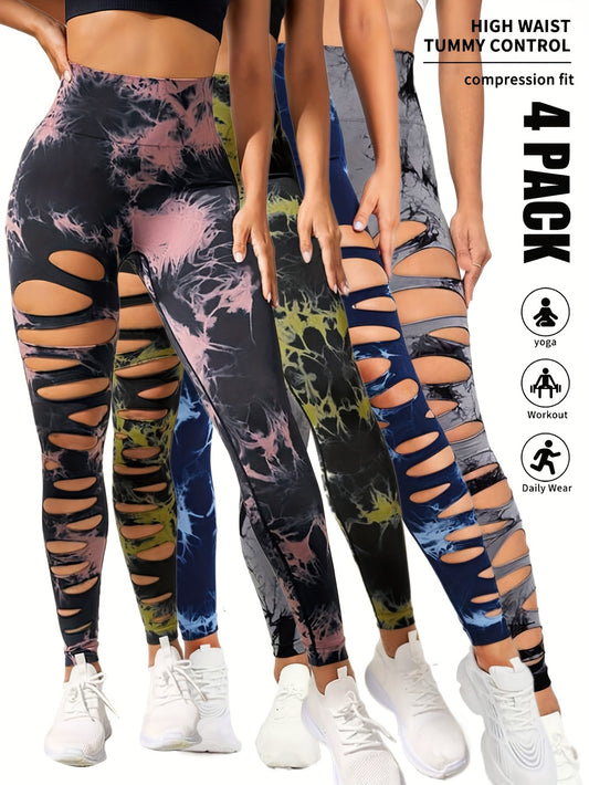 4 Pack Tie-dye Workout Leggings For Women HighWaist Seamless Scrunch Butt Lifting Gym Yoga Pants Elastic Pants - GimmeWarehouse