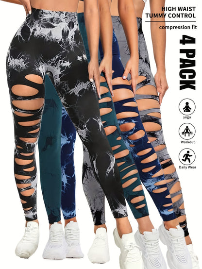 4 Pack Tie-dye Workout Leggings For Women HighWaist Seamless Scrunch Butt Lifting Gym Yoga Pants Elastic Pants - GimmeWarehouse