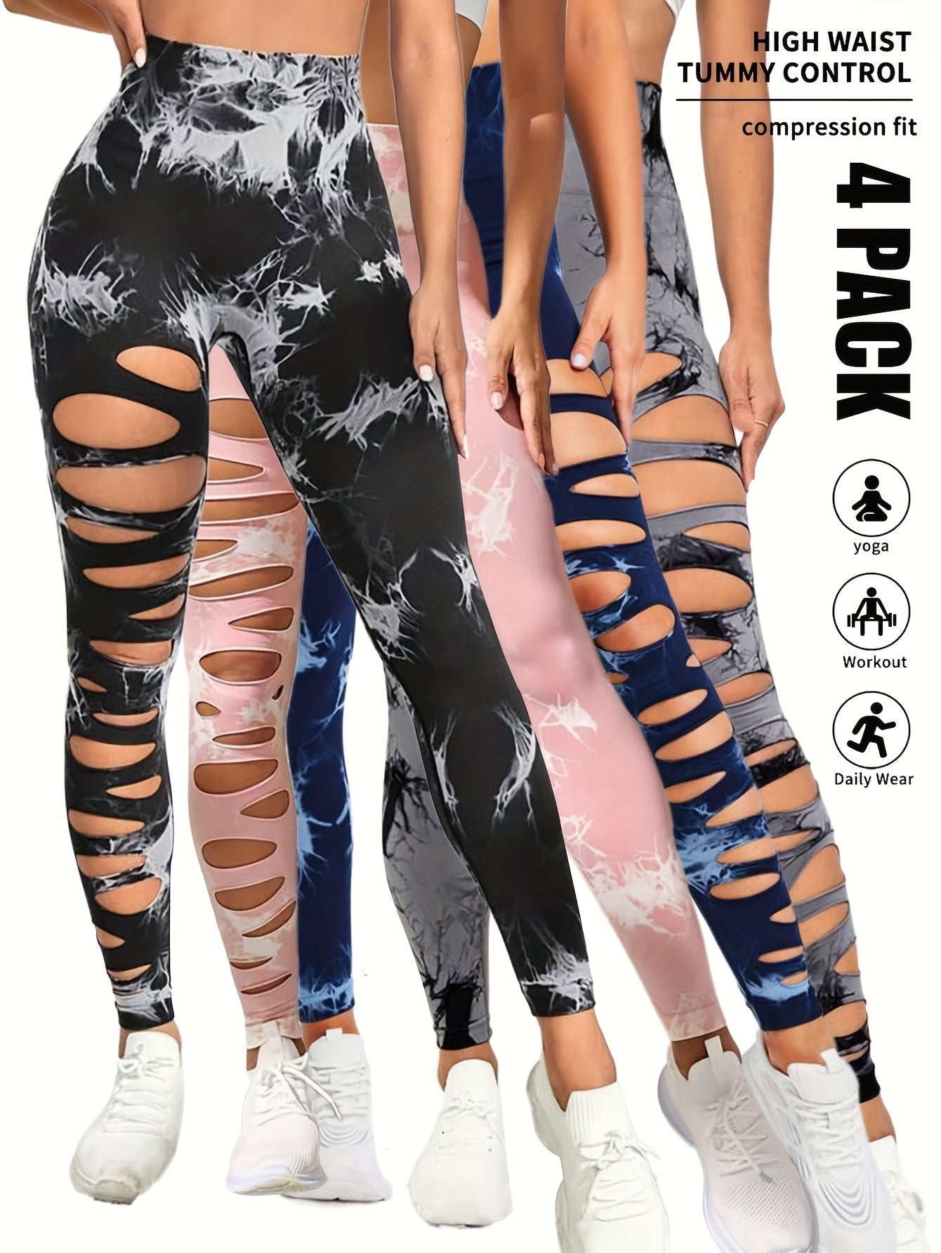 4 Pack Tie-dye Workout Leggings For Women HighWaist Seamless Scrunch Butt Lifting Gym Yoga Pants Elastic Pants - GimmeWarehouse