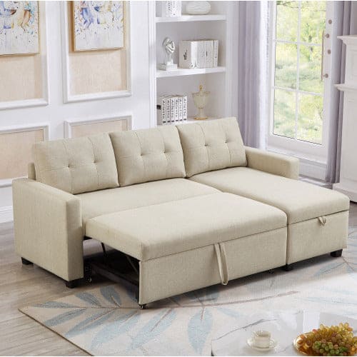 Pull-out Sofa With Storage Chaise Longue, Convertible Corner Sofa, Beige