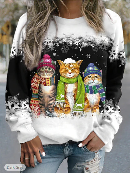 Women's Christmas Snowman And Cat Printed Long Sleeve Loose-fitting T-shirt