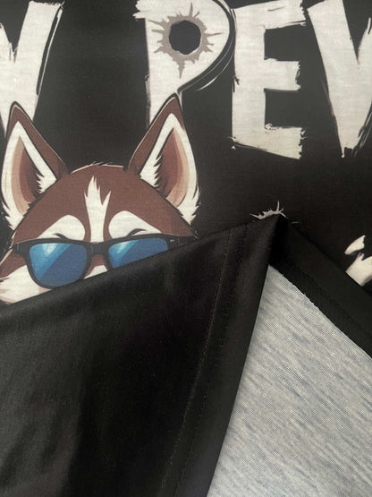 A Men's Polyester Sports T-shirt With A Husky Dog Cartoon And Pew Pew Meme, Round Neck Short Sleeved Regular Style