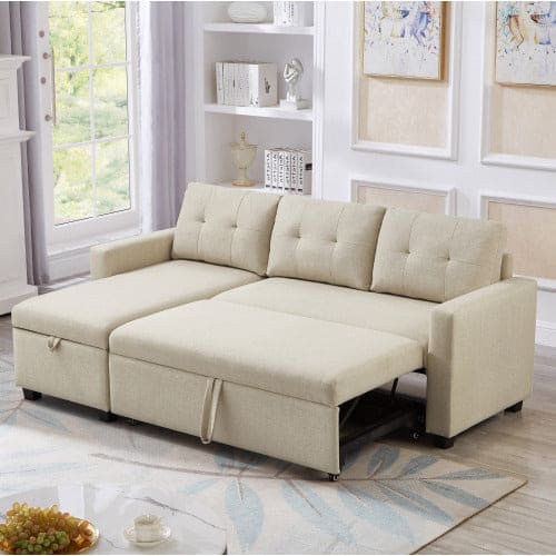 Pull-out Sofa With Storage Chaise Longue, Convertible Corner Sofa, Beige