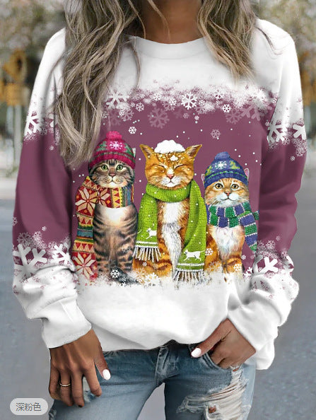 Women's Christmas Snowman And Cat Printed Long Sleeve Loose-fitting T-shirt