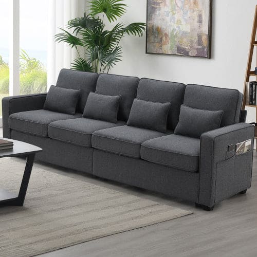 Modern Linen With Armrest Pockets And 4 Pillows,Minimalist Style Couch For Living Room,