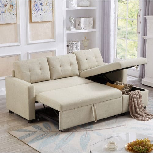 Pull-out Sofa With Storage Chaise Longue, Convertible Corner Sofa, Beige