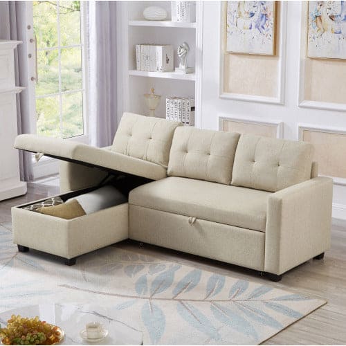 Pull-out Sofa With Storage Chaise Longue, Convertible Corner Sofa, Beige