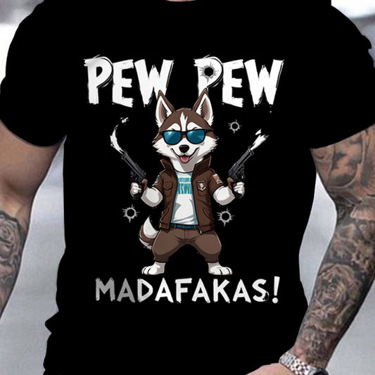 A Men's Polyester Sports T-shirt With A Husky Dog Cartoon And Pew Pew Meme, Round Neck Short Sleeved Regular Style