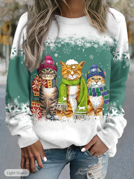 Women's Christmas Snowman And Cat Printed Long Sleeve Loose-fitting T-shirt