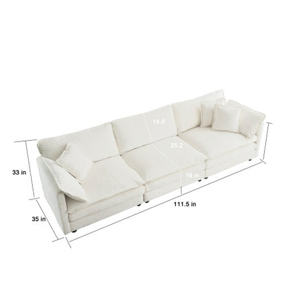 Mid-Century Modern Couch 3-Seater Sofa With 2 Armrest Pillows And 3 Toss Pillows, Couch For Living Room White Chenille