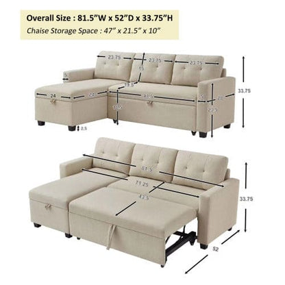 Pull-out Sofa With Storage Chaise Longue, Convertible Corner Sofa, Beige