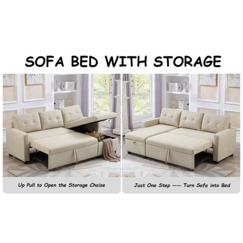 Pull-out Sofa With Storage Chaise Longue, Convertible Corner Sofa, Beige