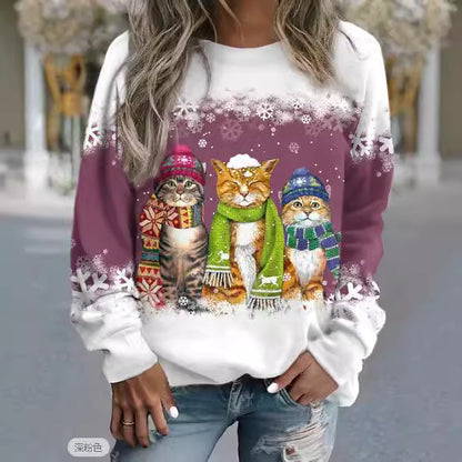 Women's Christmas Snowman And Cat Printed Long Sleeve Loose-fitting T-shirt