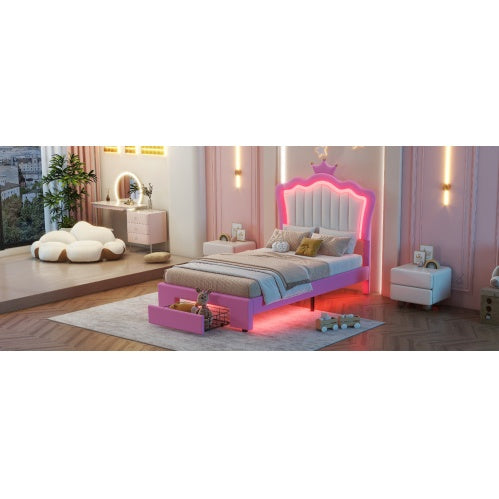 Twin Size Upholstered Bed Frame With LED Lights - Modern Princess Bed - DreamFurniture