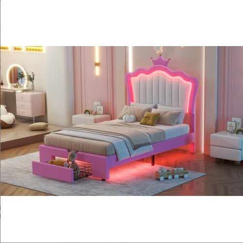 Twin Size Upholstered Bed Frame With LED Lights - Modern Princess Bed - DreamFurniture