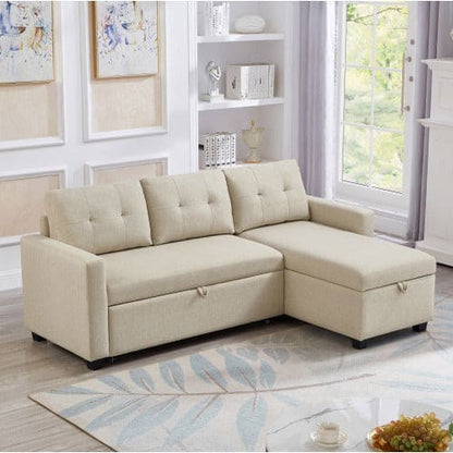 Pull-out Sofa With Storage Chaise Longue, Convertible Corner Sofa, Beige