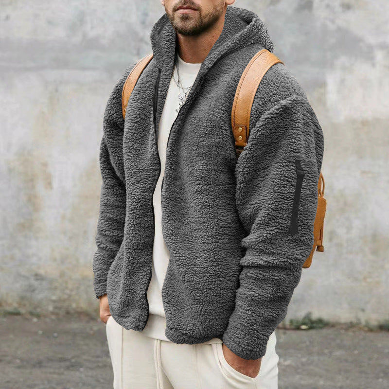 Plush Hooded Men's Fleece Double-sided  Warm Coat