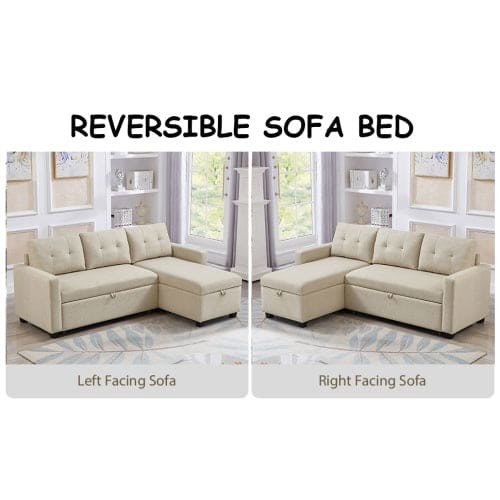 Pull-out Sofa With Storage Chaise Longue, Convertible Corner Sofa, Beige