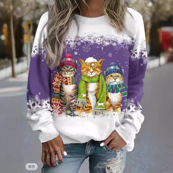 Women's Christmas Snowman And Cat Printed Long Sleeve Loose-fitting T-shirt