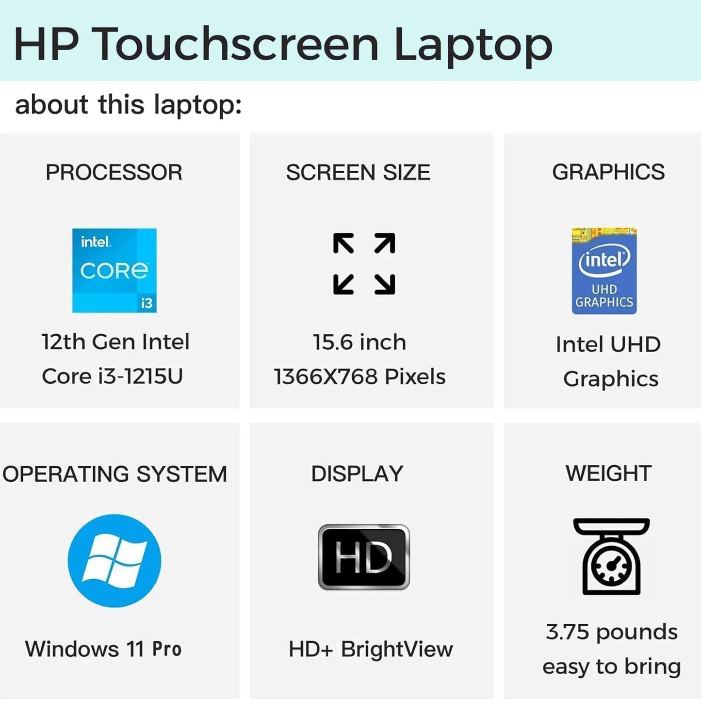 HP 2024 Business Laptop, 15.6" Touchscreen Laptop, Intel Core i3-1215U, 8GB RAM, 128GB SSD, Intel UHD Graphics, Silver