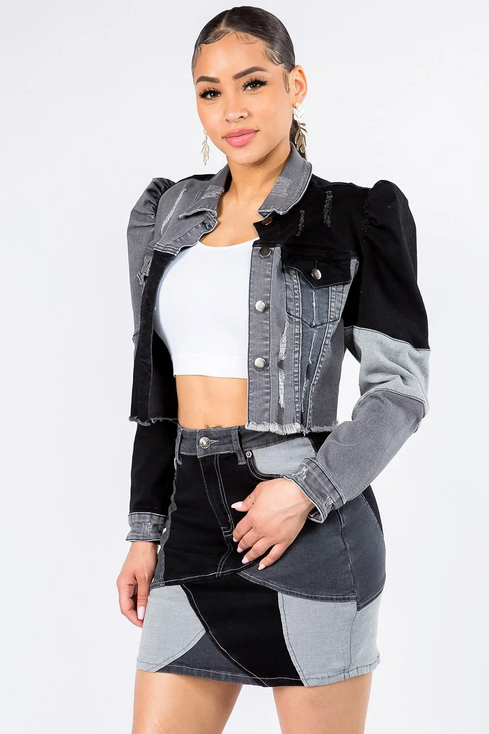 American Bazi Button Up Cropped Patchwork Denim Jacket - GimmeWarehouse