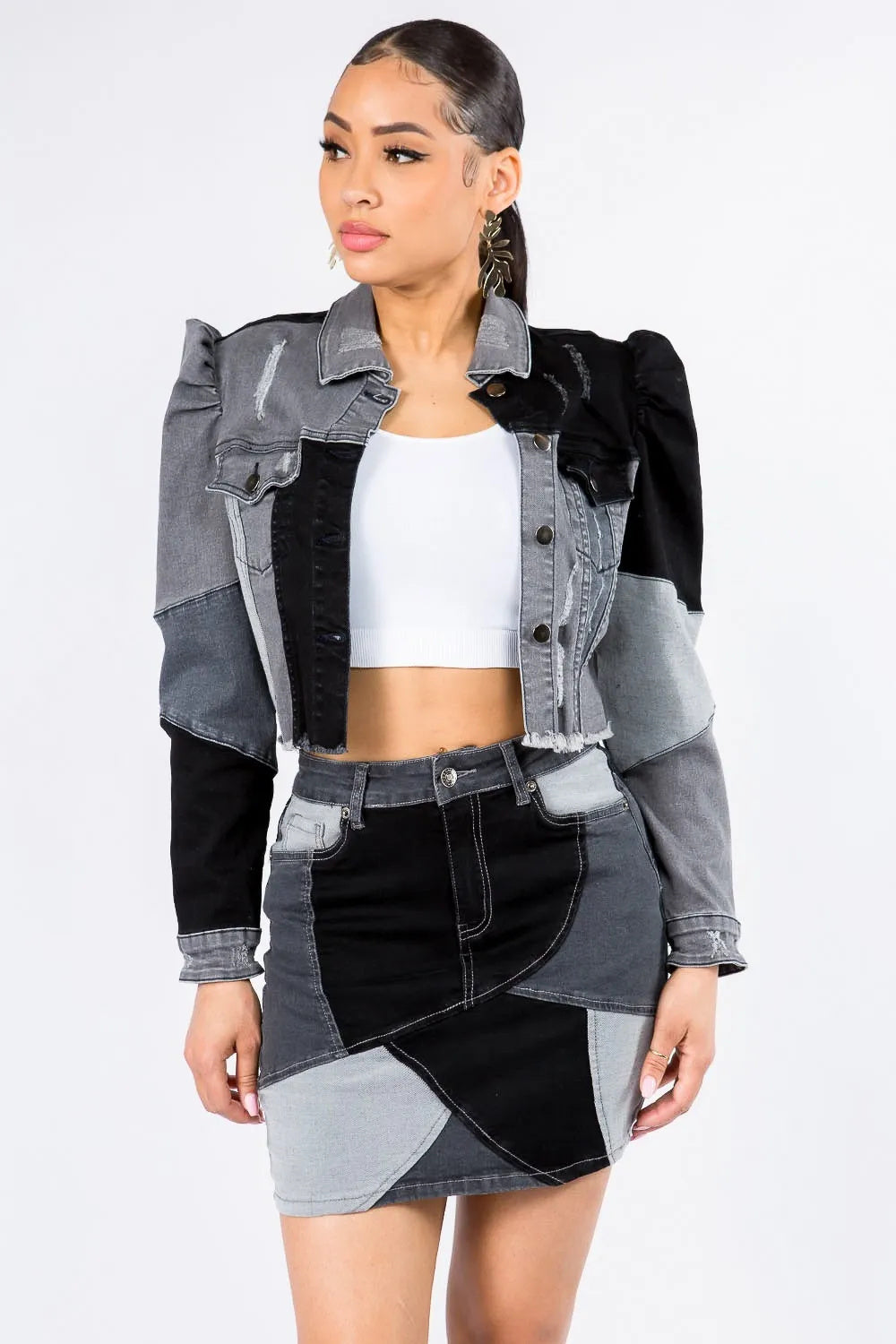 American Bazi Button Up Cropped Patchwork Denim Jacket - GimmeWarehouse