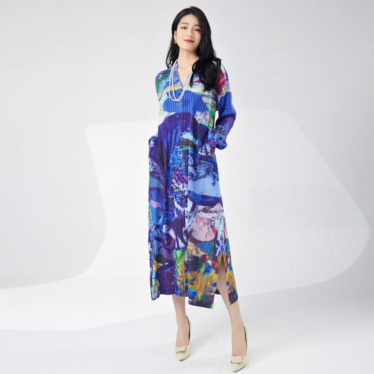 Spring women's printed single breasted slit dress with fashionable temperament cardigan medium length skirt eprolo