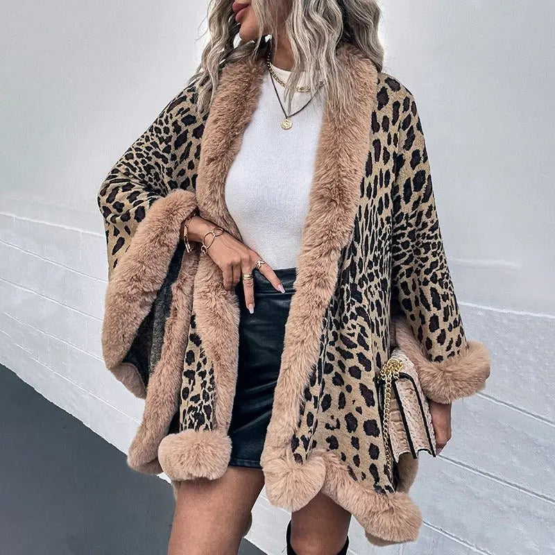 Collar Cape Leopard Cardigan Sweater Women - GimmeWarehouse