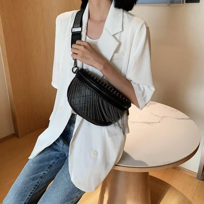 New Cross Body Rivet Casual Shoulder Bag Fashion Korean Wide Shoulder Strap Chest Bag Tassel Women's Bag Gimme that