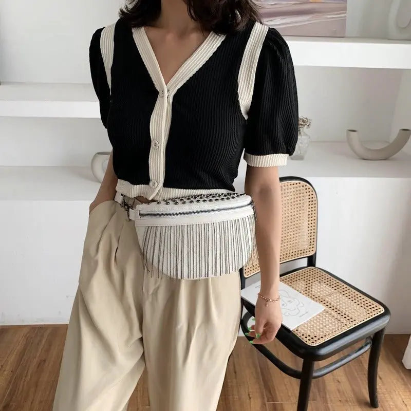 New Cross Body Rivet Casual Shoulder Bag Fashion Korean Wide Shoulder Strap Chest Bag Tassel Women's Bag Gimme that