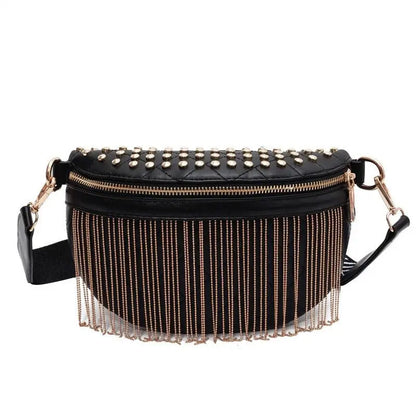 New Cross Body Rivet Casual Shoulder Bag Fashion Korean Wide Shoulder Strap Chest Bag Tassel Women's Bag Gimme that