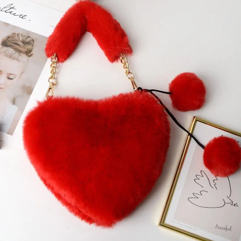 Cyber Red Fashion Plush Heart shaped Bag Women's Handbag Obliquely Straddle with Heart Heart Love Hairpin Wallet Gimme that