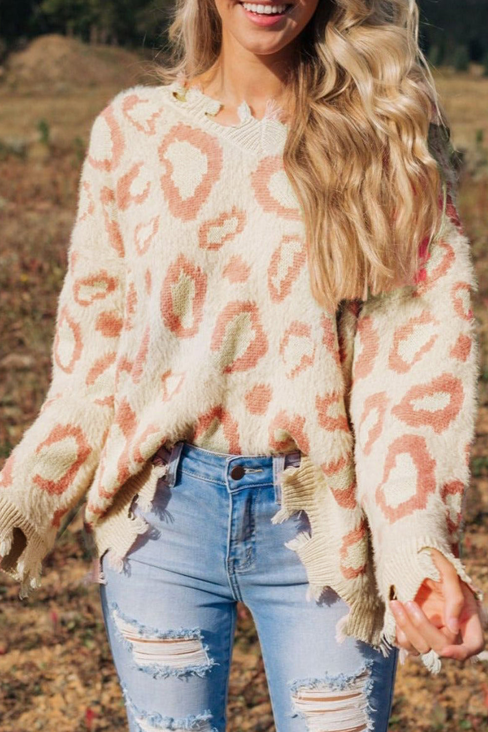 Distressed Trim Leopard V-Neck Sweater - GimmeWarehouse