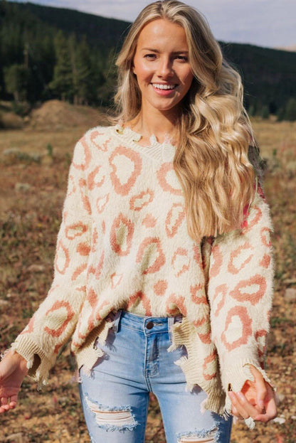 Distressed Trim Leopard V-Neck Sweater - GimmeWarehouse