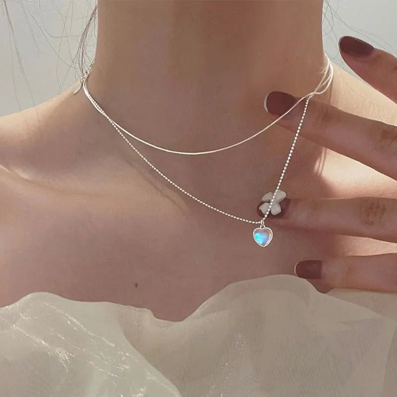 Double Design Love Moonstone Necklace Women's New Sweet Gradient Gemstone Heart-Shaped Collarbone Necklace Gimme that