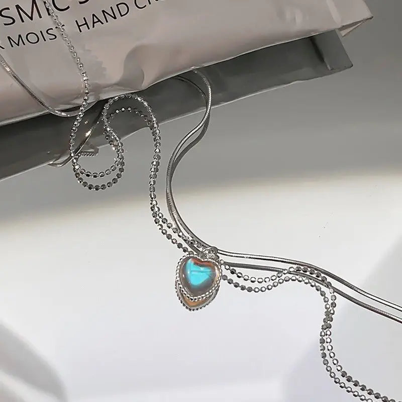 Double Design Love Moonstone Necklace Women's New Sweet Gradient Gemstone Heart-Shaped Collarbone Necklace Gimme that