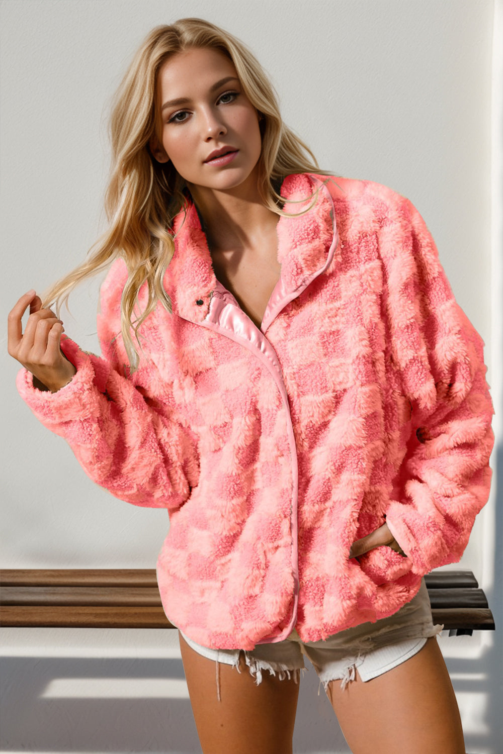 Double Take Checkered Long Sleeve Fuzzy Jacket - GimmeWarehouse